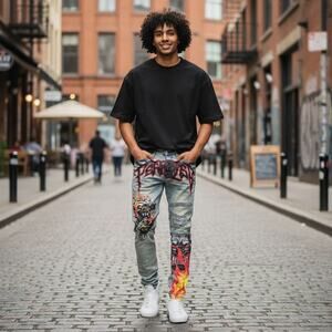 Mens Jeans GFTD LA Size 30 Skinny Rhinestone Hellhound Print Graffiti Distressed